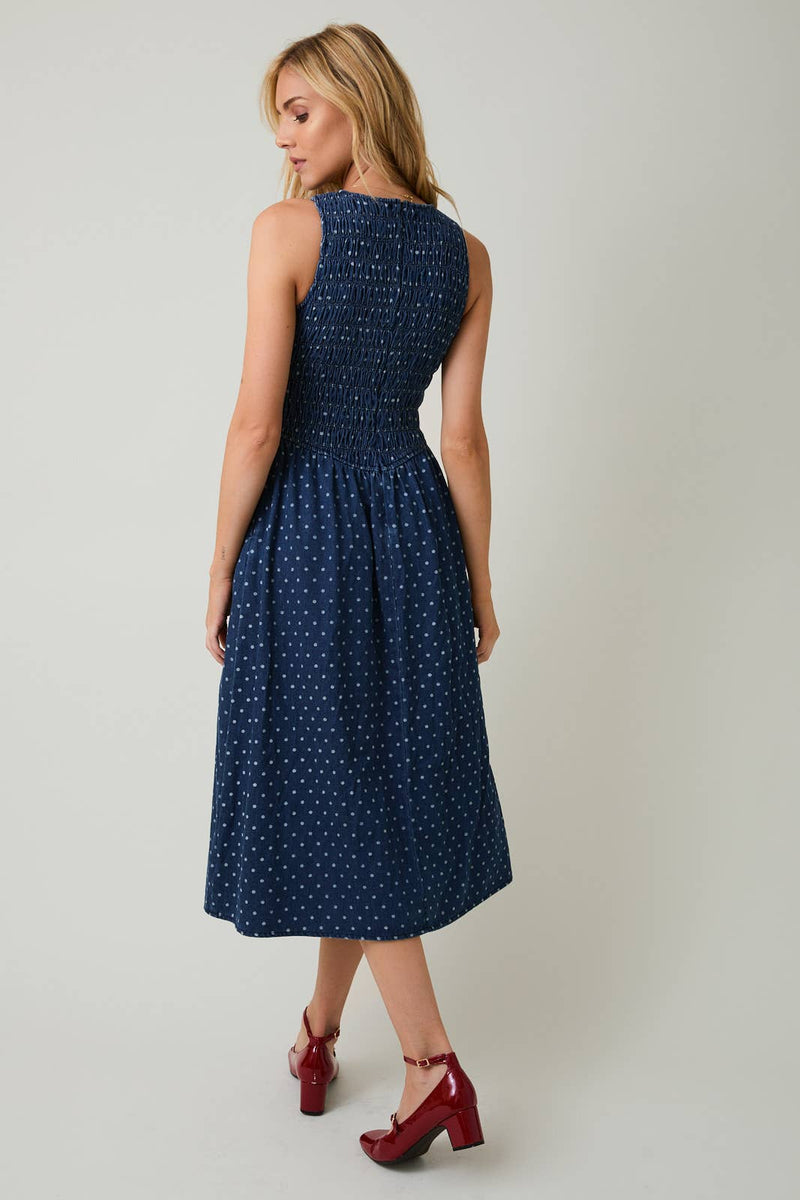 Smocked Polka Dot Denim Midi Dress