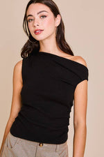 BLACK ASYMMETRICAL NECK SWEATER TOP