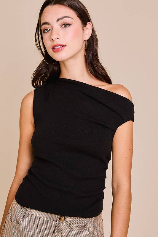 BLACK ASYMMETRICAL NECK SWEATER TOP