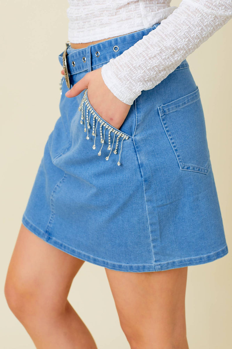 Denim Rhinestone Pocket Skirt