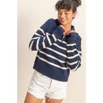 Navy/Cream Striped Half Zip Sweater