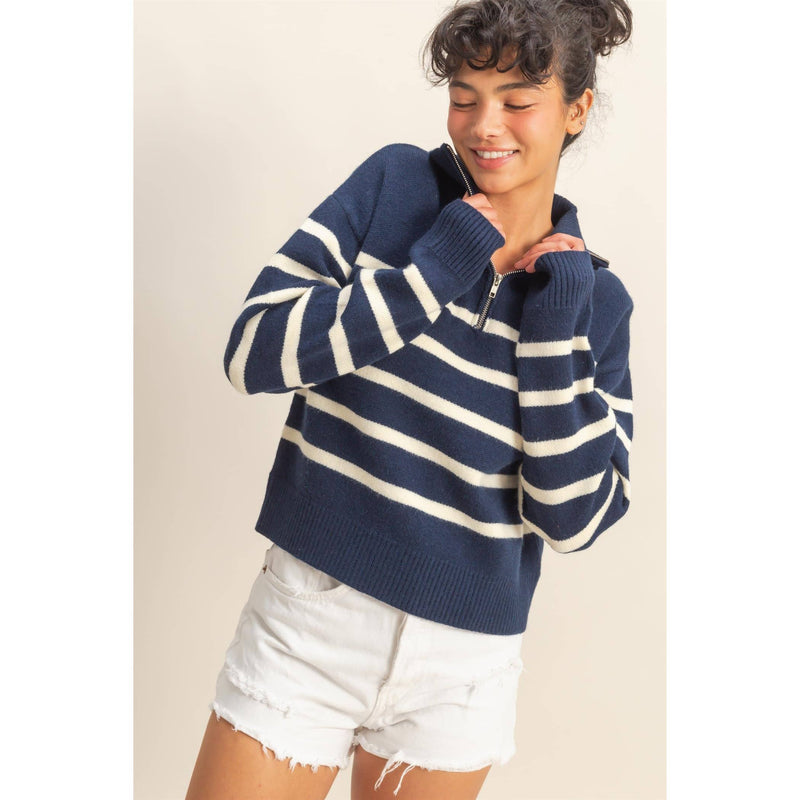 Navy/Cream Striped Half Zip Sweater