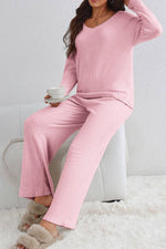 Cara Pink Ribbed V Neck Long Sleeve Top