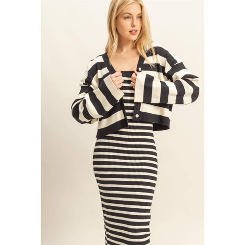 Black White Striped Sweater Cardigan