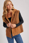SHERPA FLEECE HOODED VEST WITH FAUX SUEDE INNER: MOCHA / L