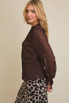 Chocolate Brown V-Neck Button Up Top W Bow Detail