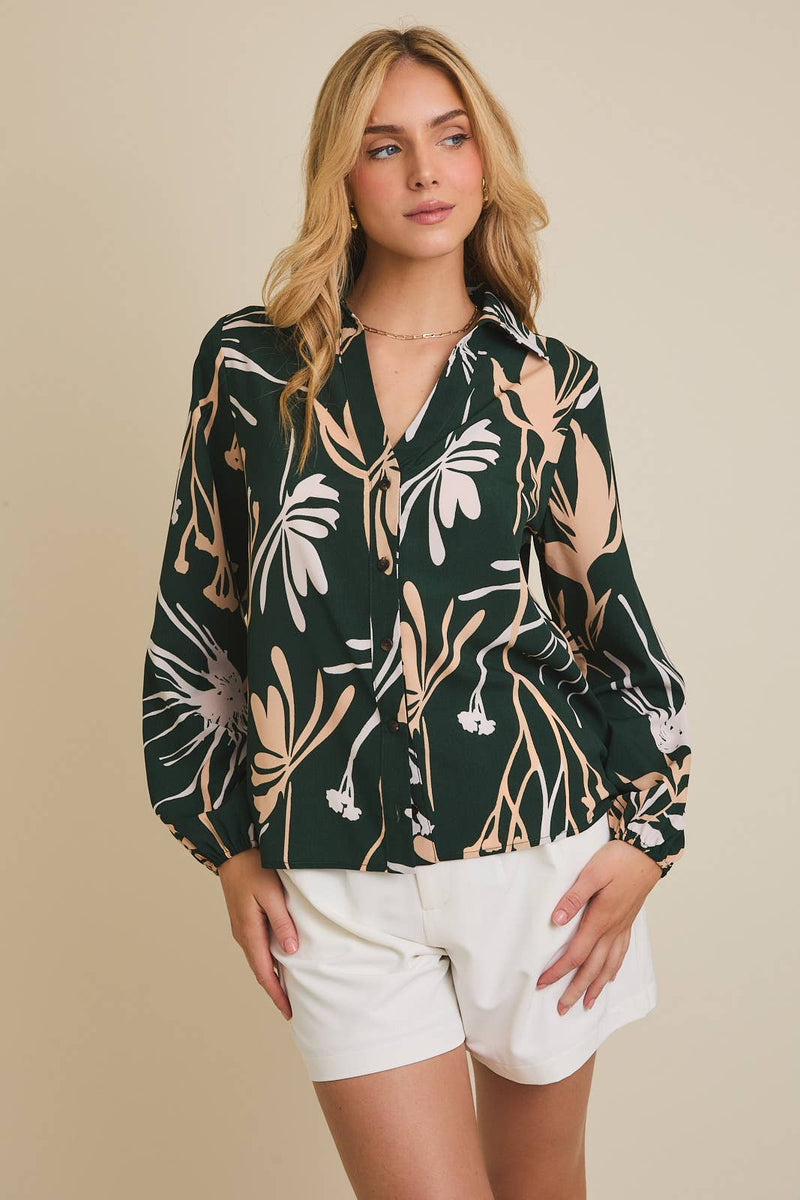 Collared Dark Green Floral Button Up Top