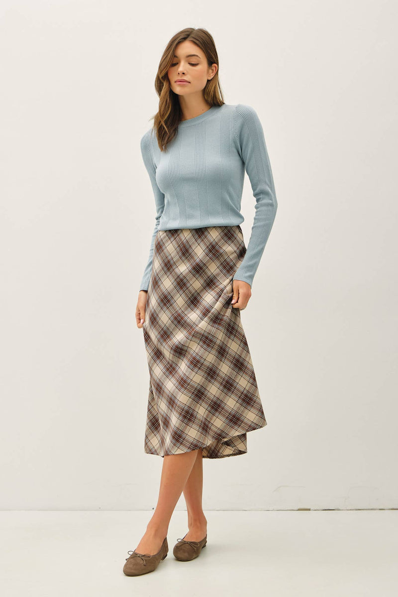 Brown Irish Plaid Print Midi Skirt
