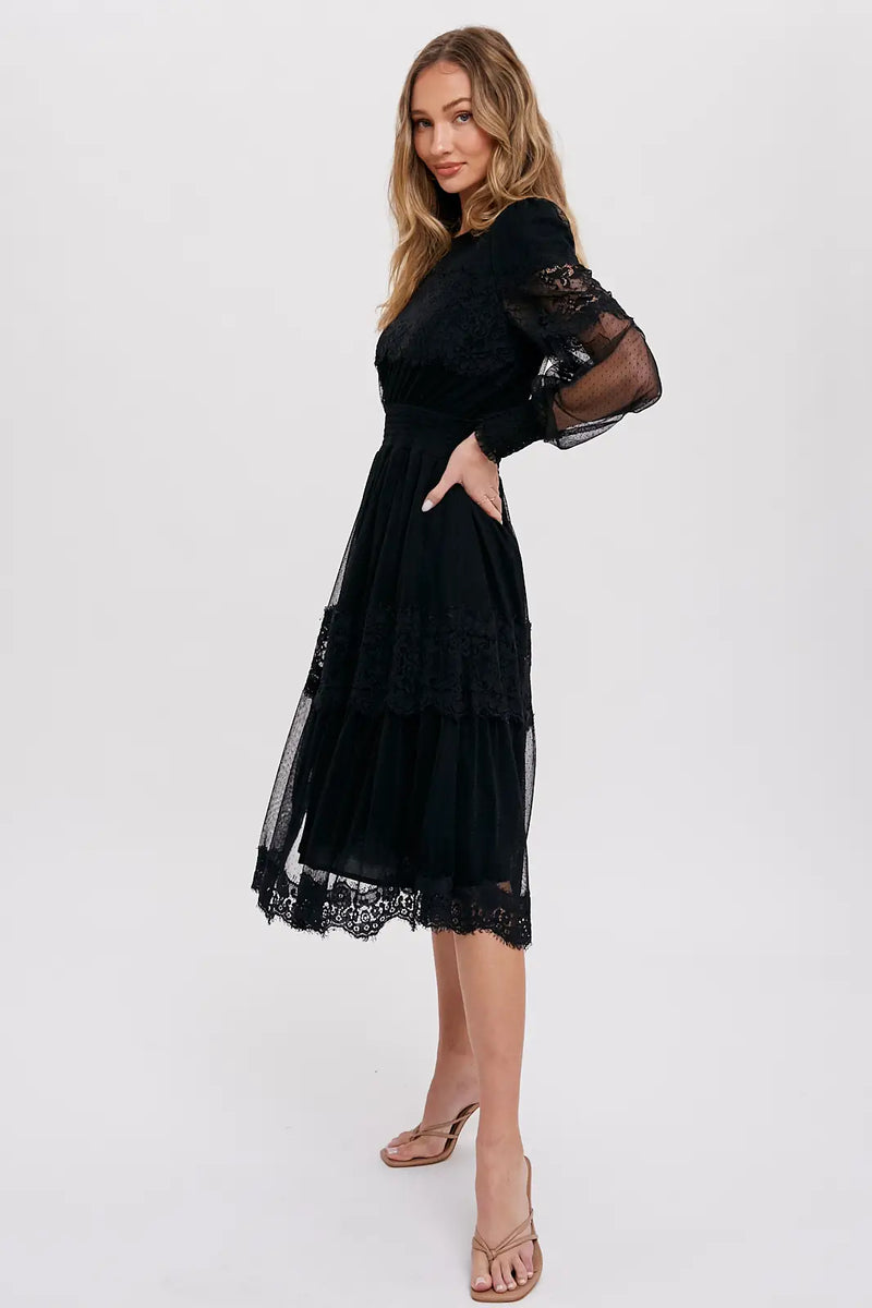 Lace Trim Mesh Midi Dress