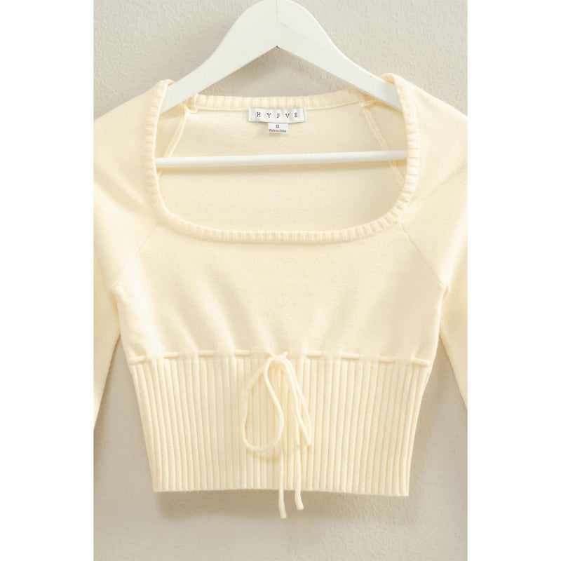 Cream Drawstring Detailed Sweater Crop Top