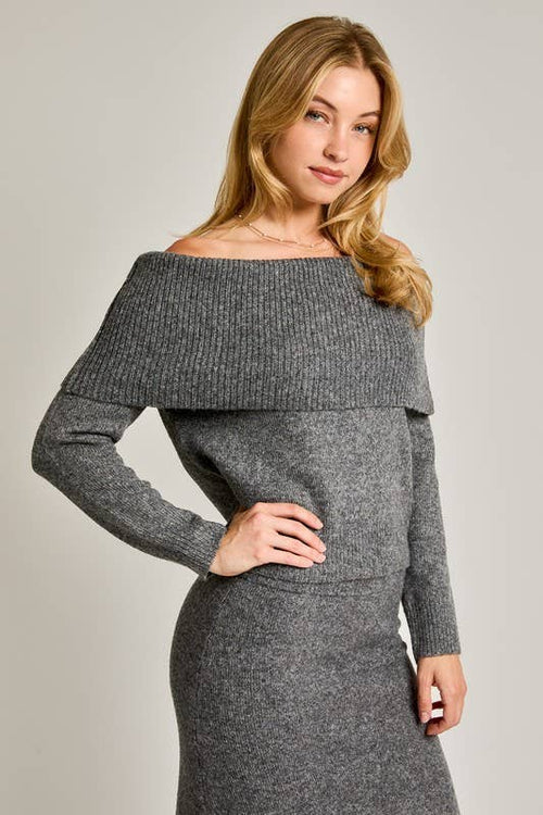 Grey Off Shoulder Relaxed Fit Sweater