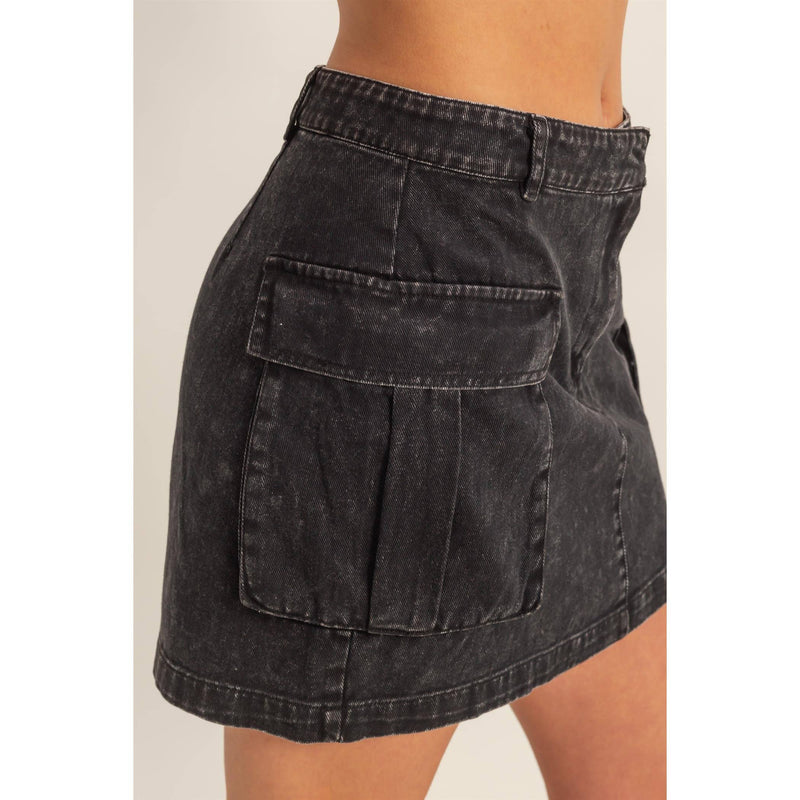Mineral Washed Black Cargo Mini Skirt