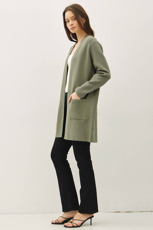 Open Front Olive Knit Sweater Coat