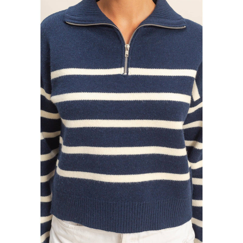 Navy/Cream Striped Half Zip Sweater