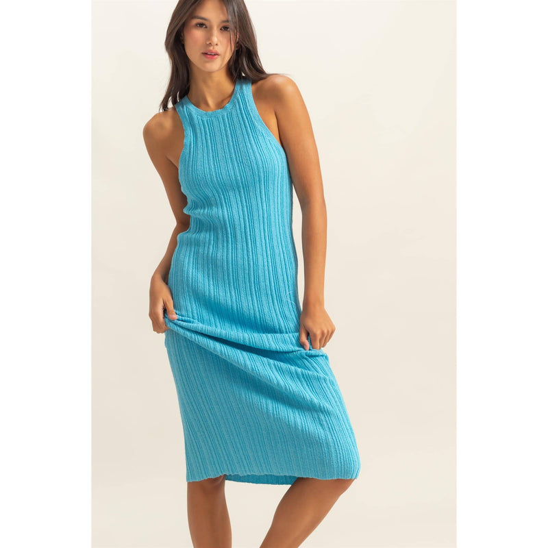 Blue Maya Round Neck Bodycon Ribbed Knit Dress