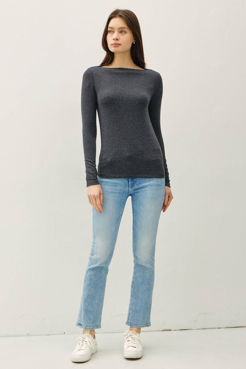 Charcoal Boat Neck Long Sleeve Top