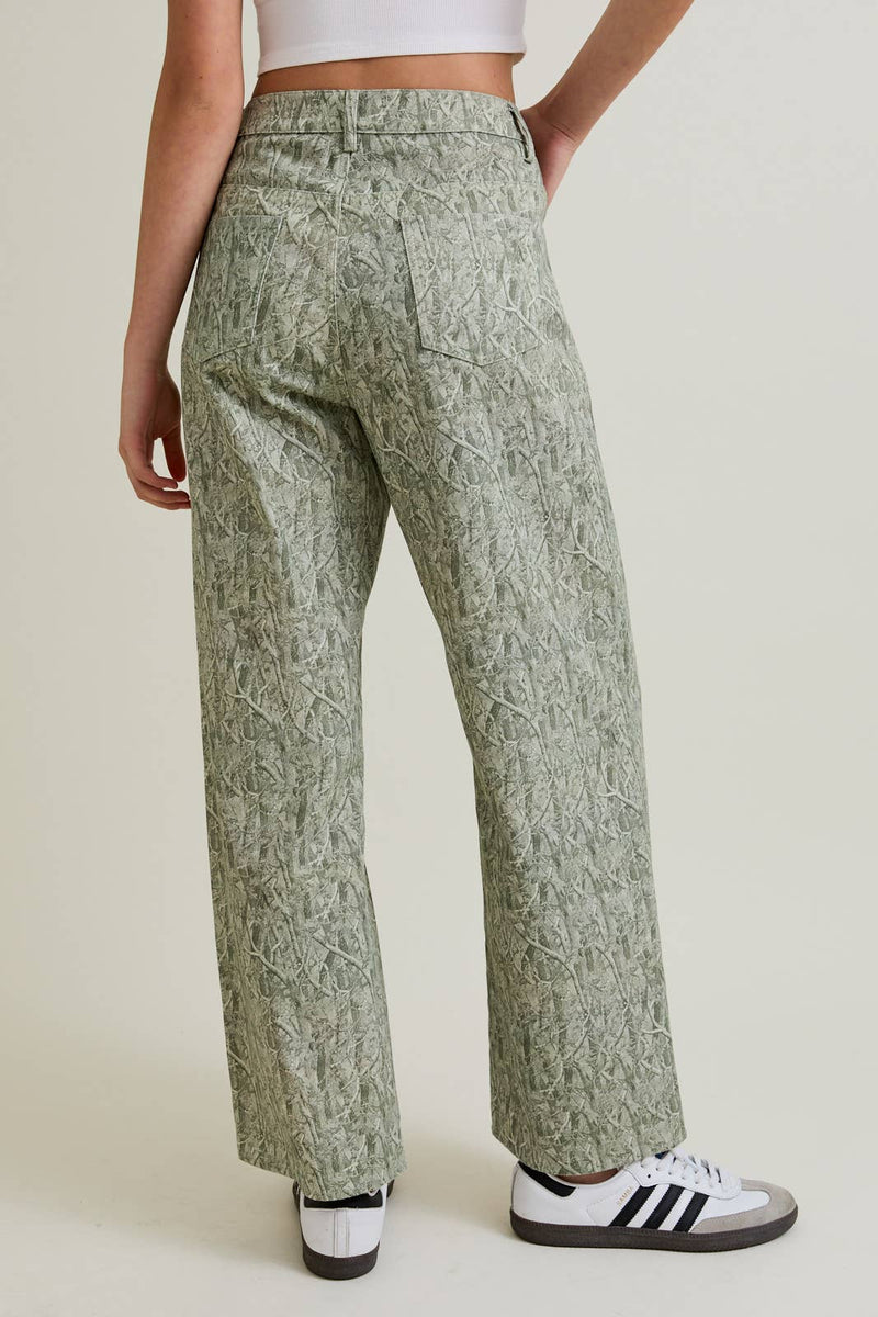 Mid-Rise Tree Camo Pattern Wide Leg Pants