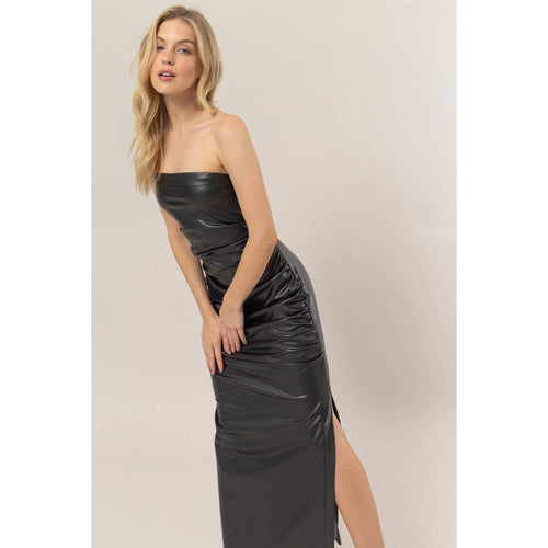 Strapless Black Pleather Ruched Midi Dress