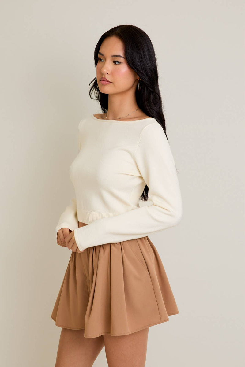 Boat Neck Back Tie Fitted Sweater Top