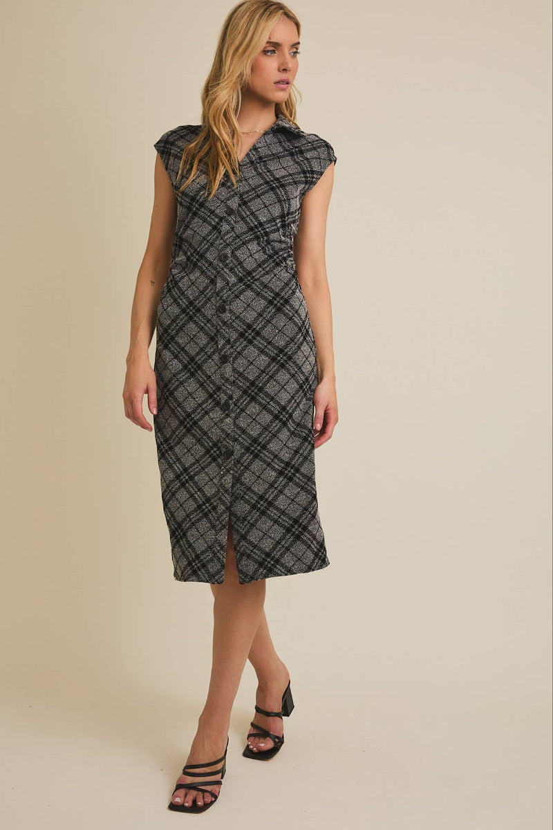 Collared Plaid Midi Dress