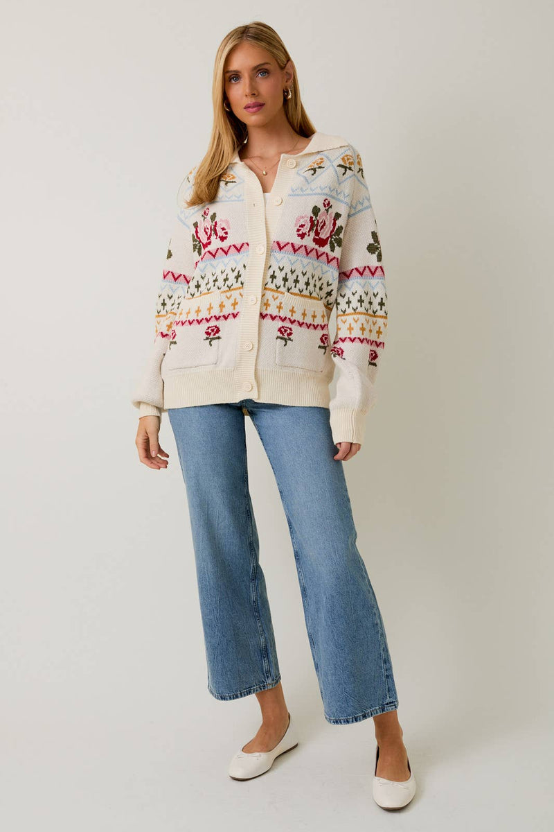 Button-up Flower Pattern Knit Sweater Cardigan