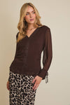 Chocolate Brown V-Neck Button Up Top W Bow Detail