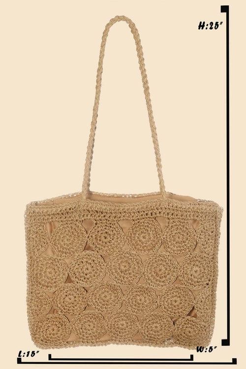 Ivory Square Braided Pattern Straw Tote Bag