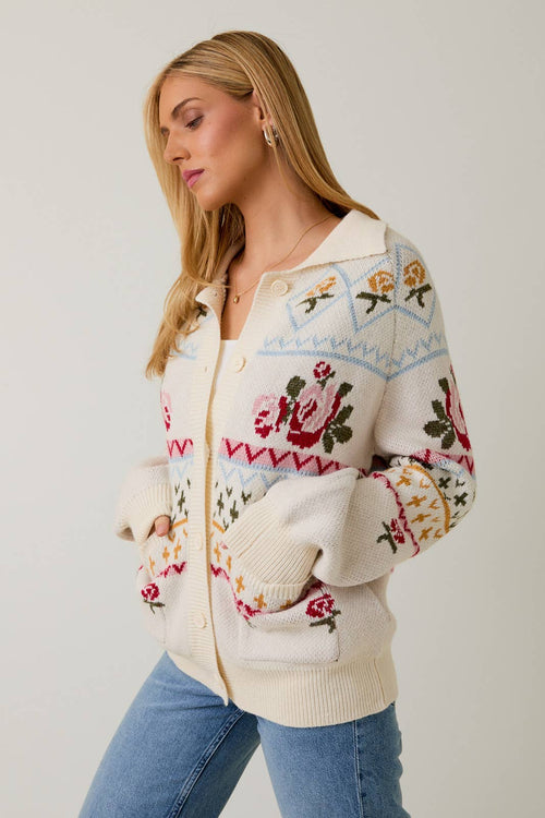 Button-up Flower Pattern Knit Sweater Cardigan