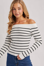 Black & White Striped Off The Shoulder Sweater Top