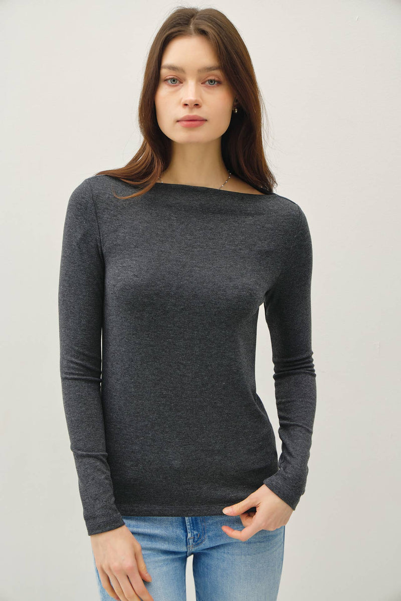 Charcoal Boat Neck Long Sleeve Top