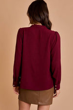 Wine Red Long Sleeve Pleated Shoulder Top