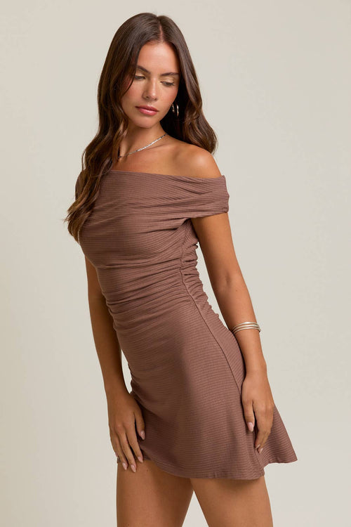 Mocha Brown Gathered Mini Dress