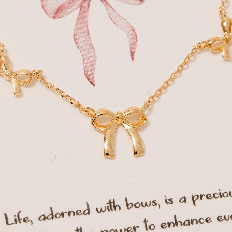 Gold Dipped Mini Ribbon Bow Station Charms Chain Necklace