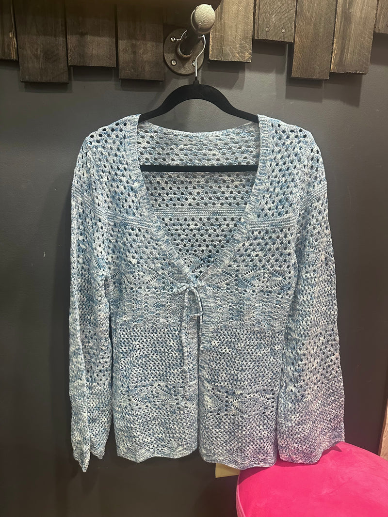 Blue Crochet Front Tie Cardigan