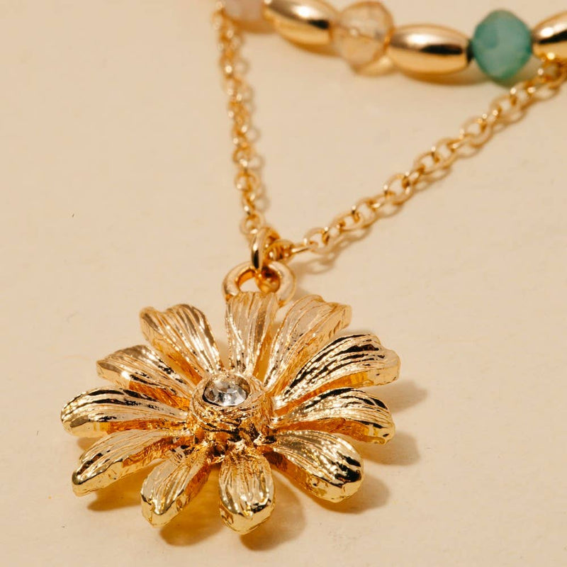 Flower Pendant Mixed Beaded Layered Necklace \ White or Teal