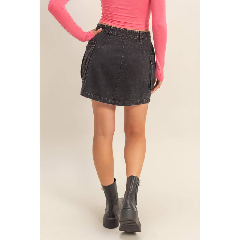 Mineral Washed Black Cargo Mini Skirt