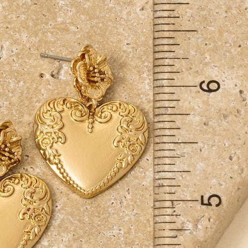 Flower & Engraved Ornante Heart Dangle Earrings