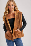 SHERPA FLEECE HOODED VEST WITH FAUX SUEDE INNER: MOCHA / L