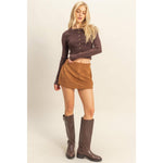 Chestnut Brown High-Waisted Suede Skort