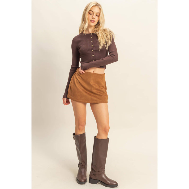 Chestnut Brown High-Waisted Suede Skort