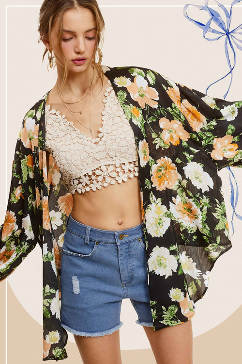 Black Floral Pattern Front Tie Blouse