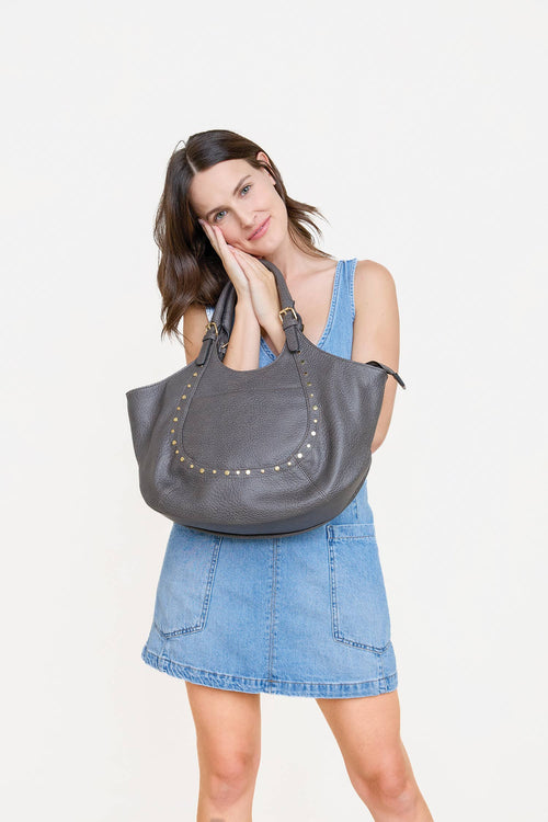 Charcoal Kay Studded Hobo w/ Crossbody Strap