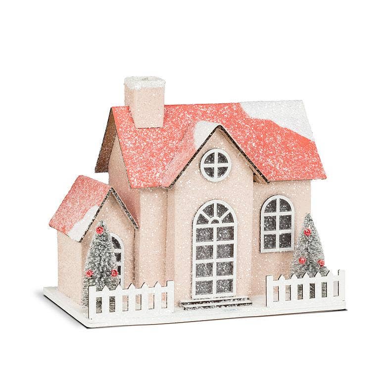 Medium Snowy Pink Glitter House w/ LED