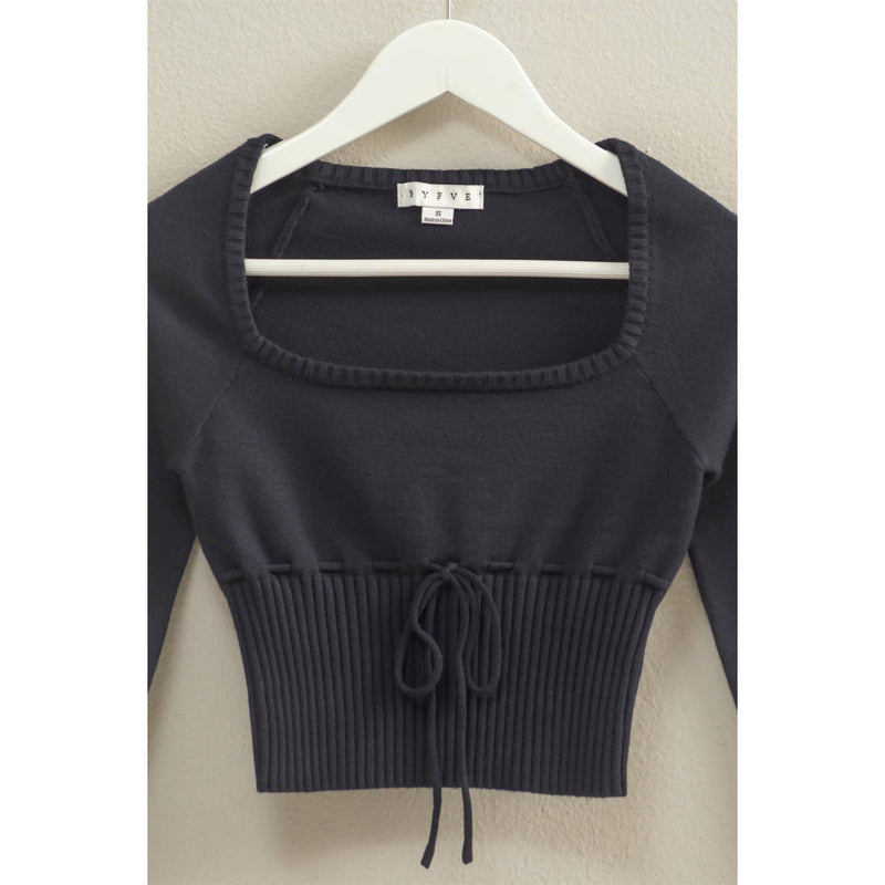 Black Drawstring Detailed Sweater Crop Top