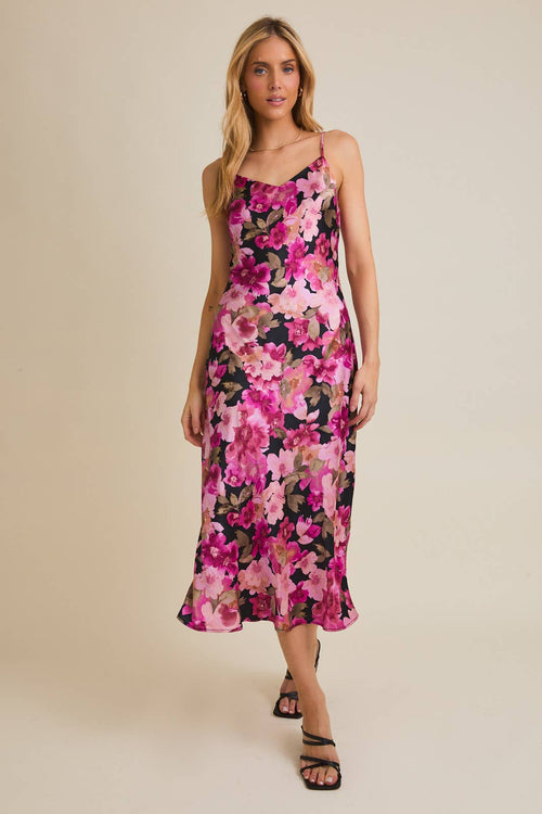Pink Dark Floral Satin maxi Dress