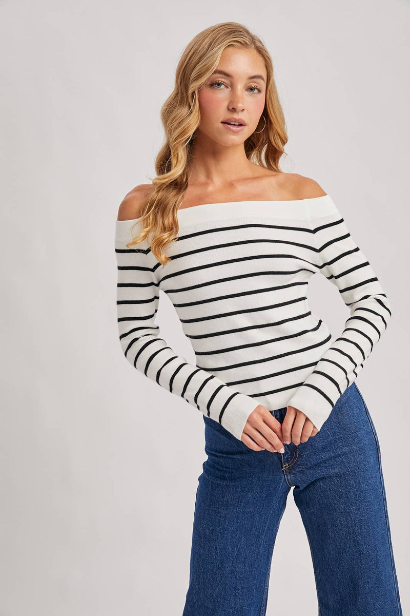 Black & White Striped Off The Shoulder Sweater Top