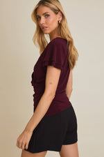 Wine V Neck Ruffle Top