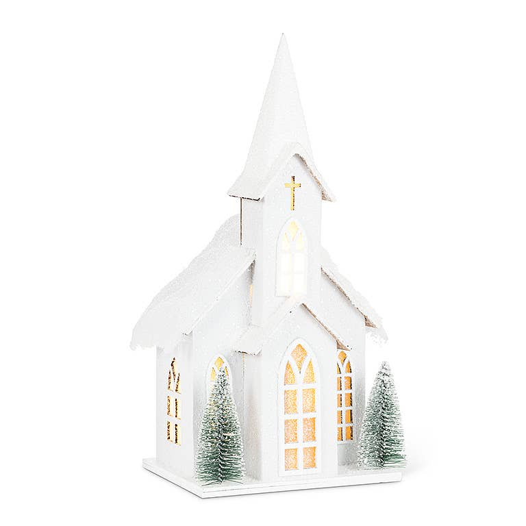 Medium Snowy Tall Church with LED