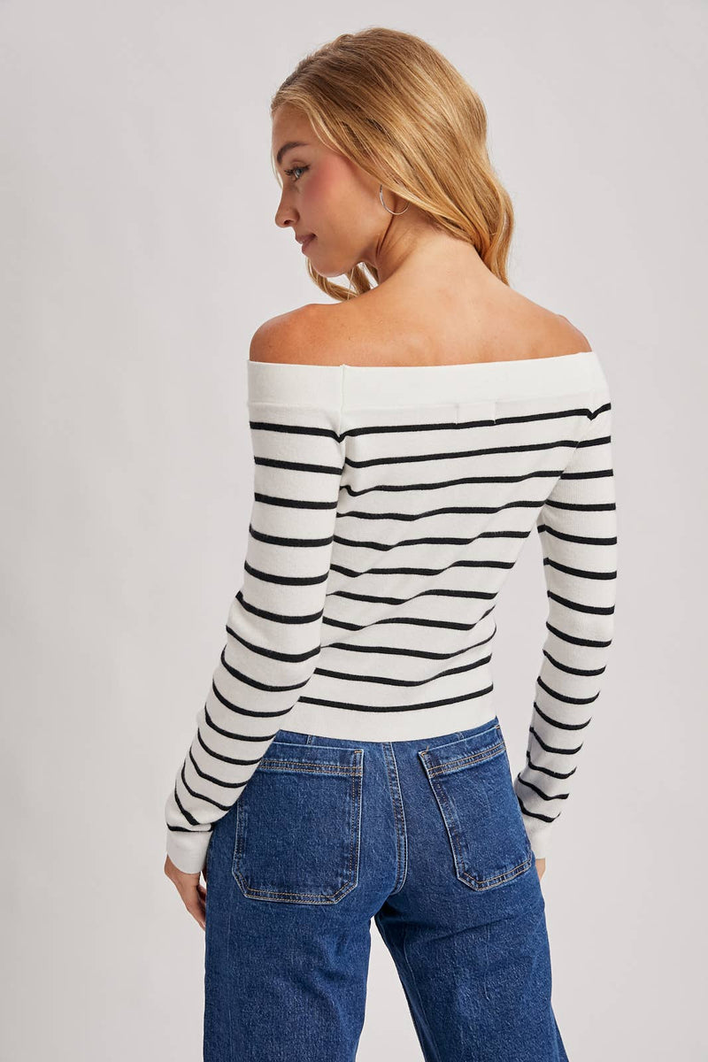 Black & White Striped Off The Shoulder Sweater Top