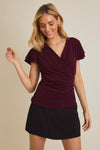 Wine V Neck Ruffle Top